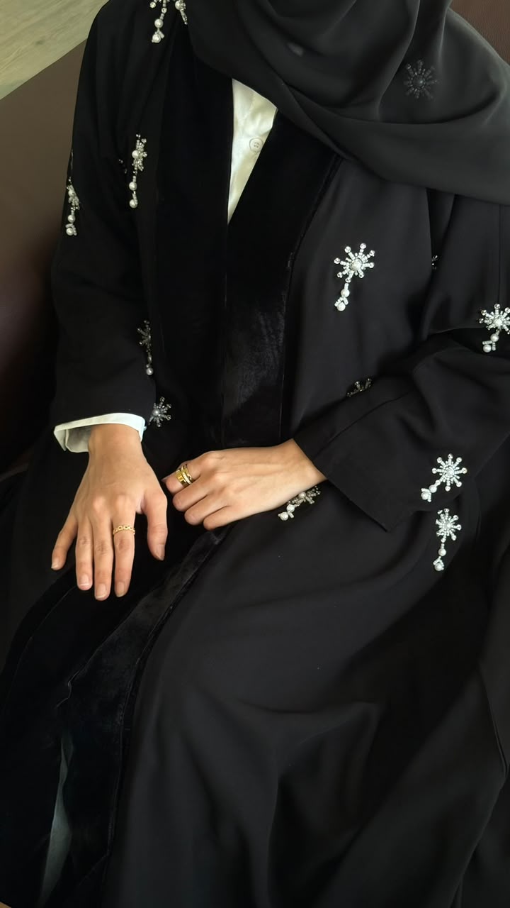 Pearl Constellation — black abaya with silver star and pearl embroidery